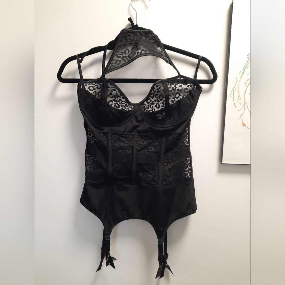 Sheer Black Leopard Bustier with garters